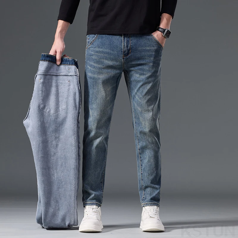 2024 зимние теплые джинсы мужские маленькие желтые с флисом утепленные джинсовые