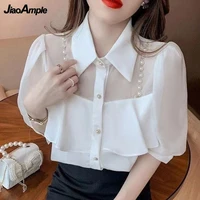 womens summer pearl chiffon shirt 2022 new korean office lady graceful puff sleeve ruffle white blouse fashion joker top female