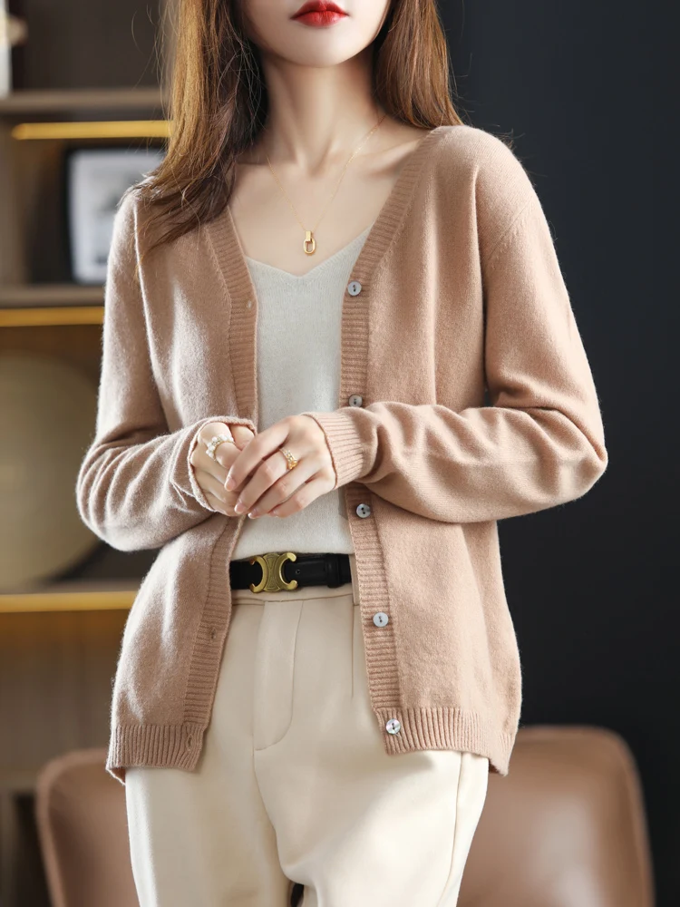 

100 Pure Wool Cardigan Women's Thin V-Neck Loose Sweater Coat Large Size Layered Cashmere Gray Knitted Sweater