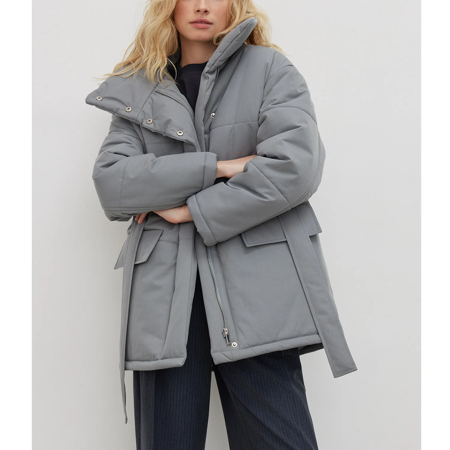 2022 Quilted Jacket Women Winter Loose Parkas Coat Vintage Belted Outwear Office Ladies Warm Cotton Puffer Jackets