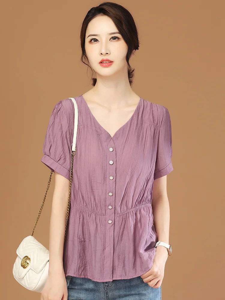 

HCXR Women Luxury Blouses 2023 Summer Elegant Chic Fashion V-neck Single Breast Top Slim Short Sleeve Romantic Women Shirt