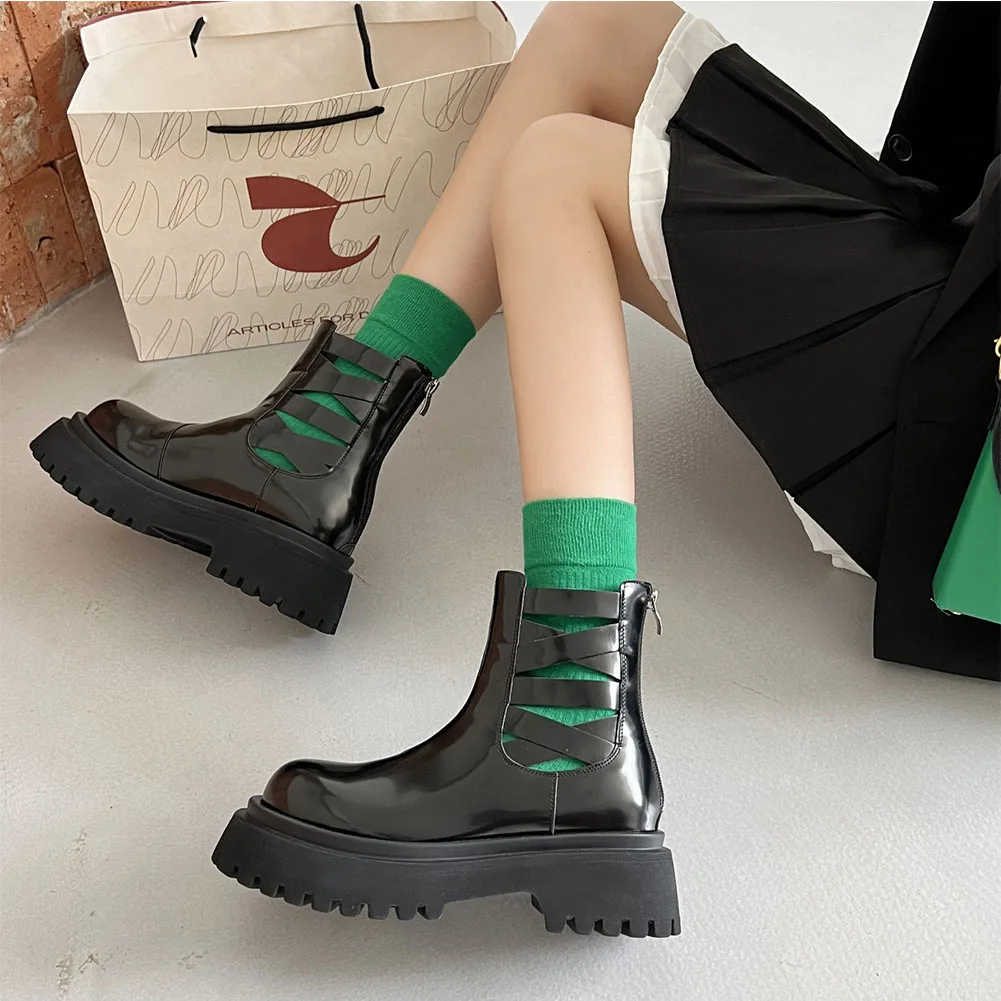 LapoLaka 2022 Fashion Black Thick Heel Ankle Boots Round Toe Hollow Out Back Zipper Premium Quality Women Boots