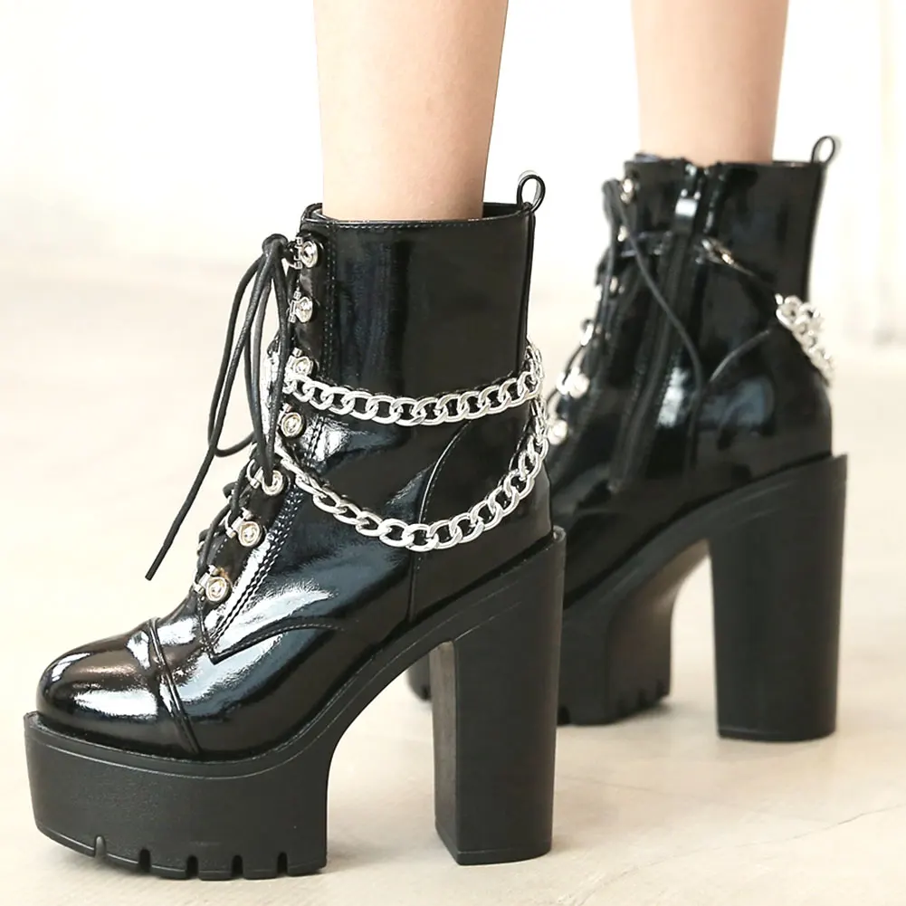 

Женские мотоциклетные ботинки GIGIFOX, брендовая обувь в готическом стиле, на платформе и высоком массивном каблуке, с цепочками, на молнии, чер...