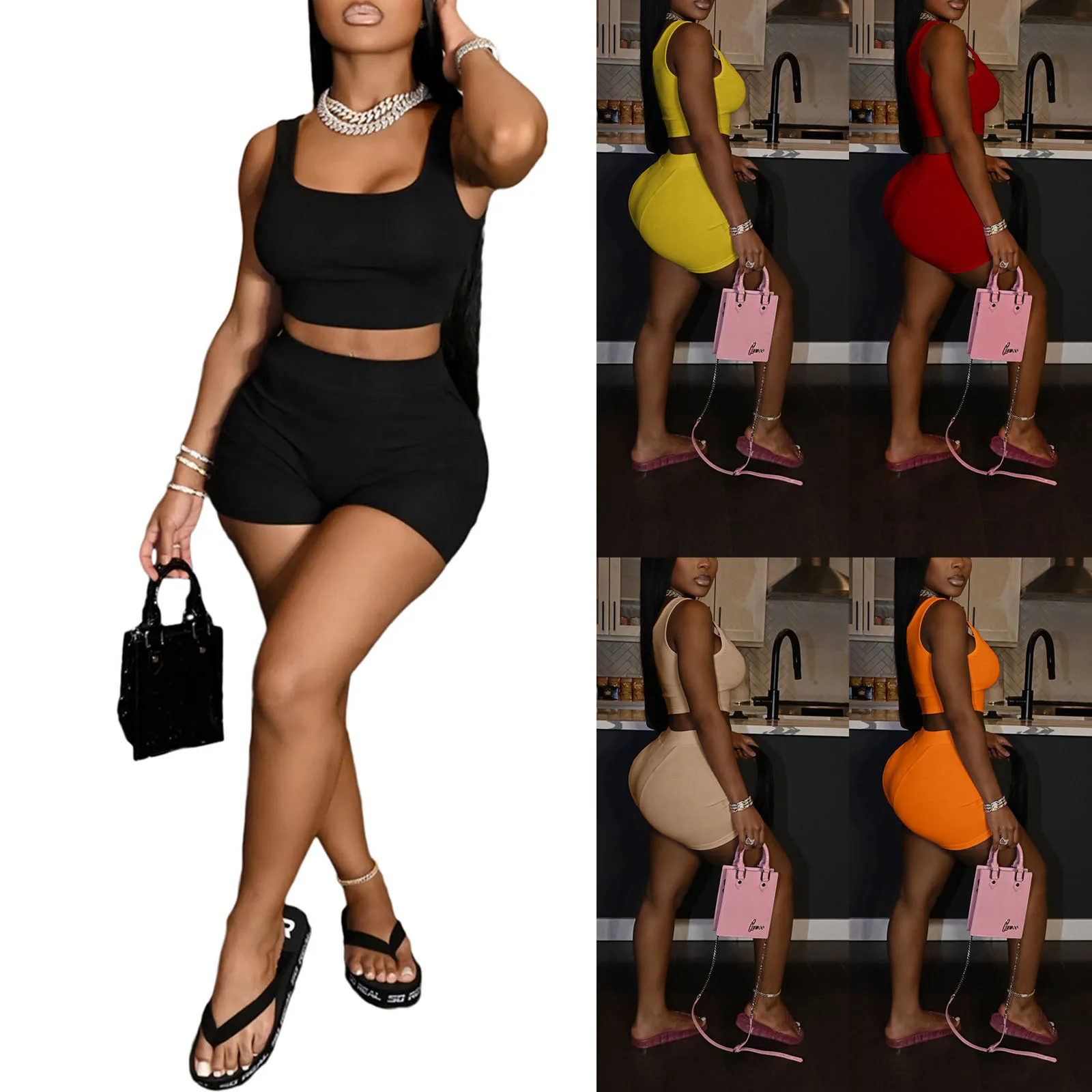 

2Pcs Women Summer Outfit, Solid Color Square Neck Sleeveless Tank Tops + Elastic Waist Shorts Fitness Set, S/M/L
