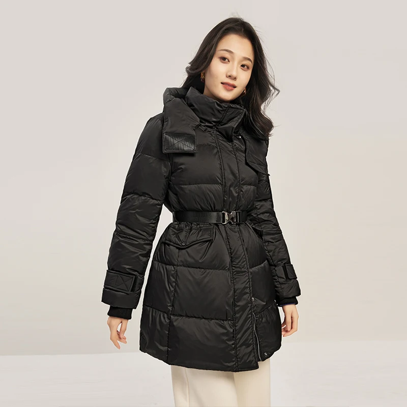 New Casaco Feminino  90%  White Duck Down  Long  Abrigo Mujer  Zipper  Wide-waisted  Adjustable Waist  Hat Detachable