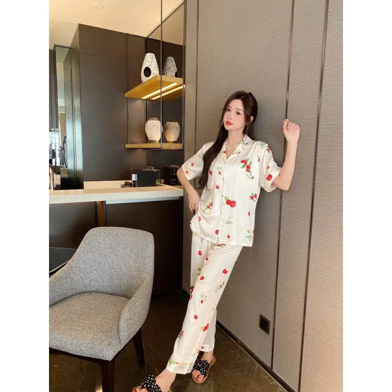 2023 Summer New Ice Silk Pajamas Women Cherry Printed Homewear Short Sleeve Trousers Suit Simple Casual Women's Pajamas