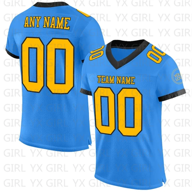 

Custom Electric Blue Gold-Black Football Jersey Personlized Team name and you name, number V-Neck Athletic Football T-Shirts