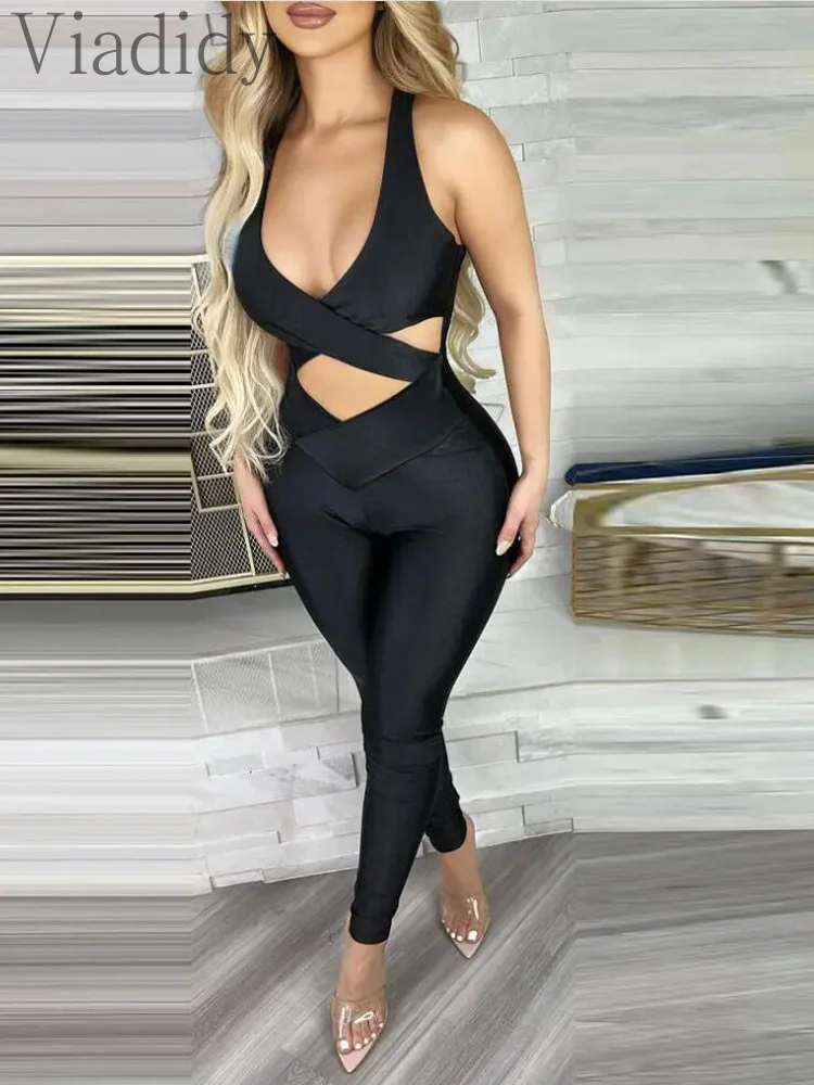 

Women Sexy Solid Color Crisscross Backless Cutout Skinny Jumpsuit