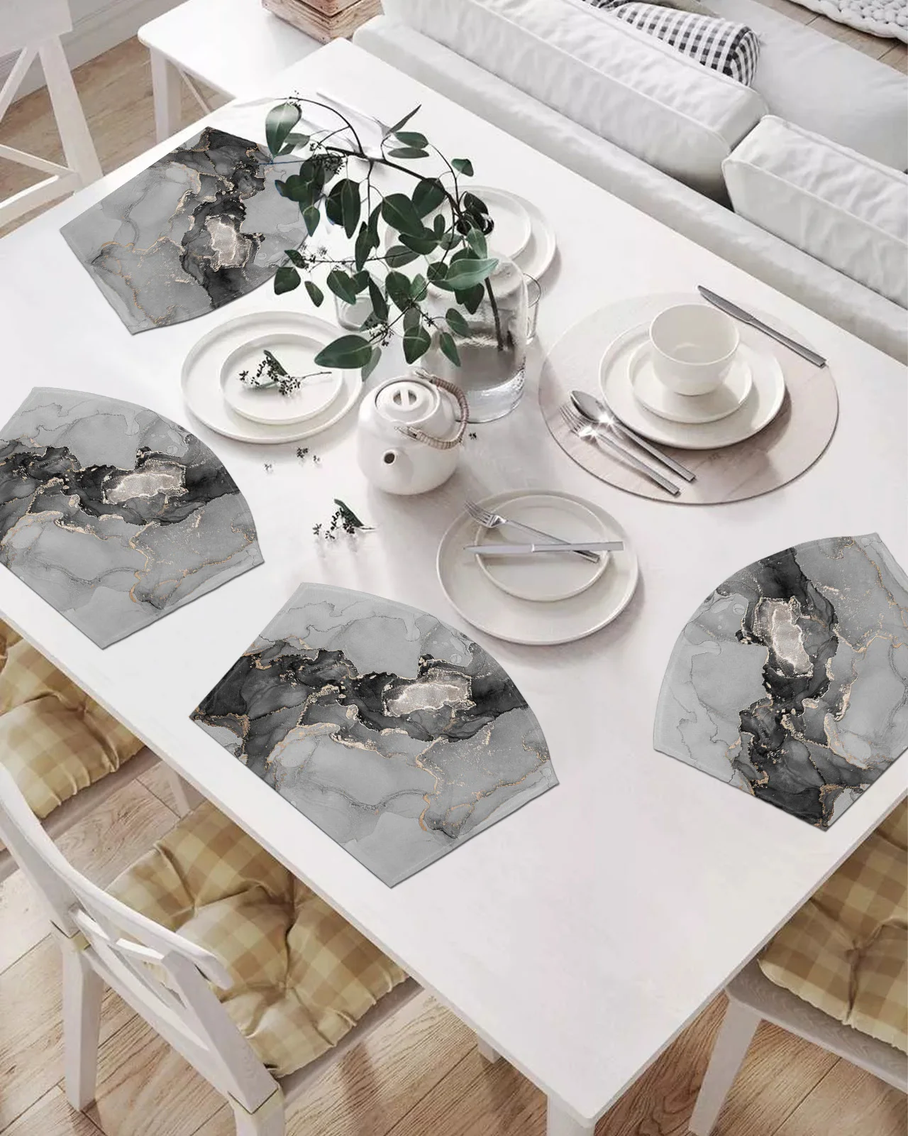 

2/4/6 шт. набор подставок в форме веера, черные коврики для стола с мраморной текстурой, подставка, коврик для чаши, Рождественский домашний де...