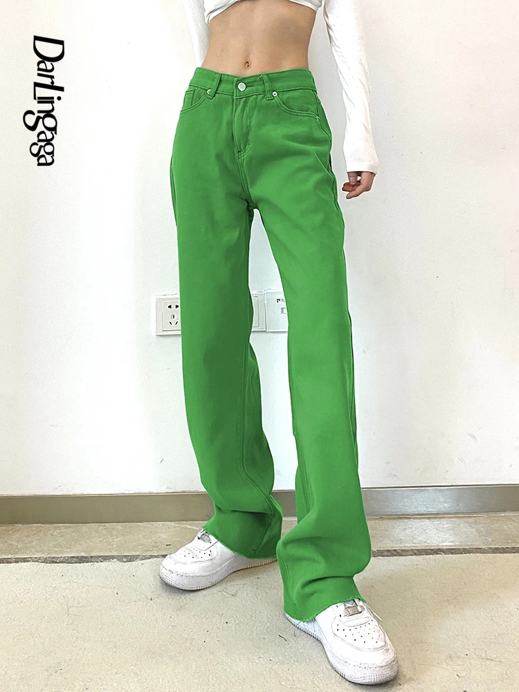 

Darlingaga Harajuku Green Straight Leg Solid High Waist Jeans Woman Streetwear Basic Spring Denim Trousers Casual Cotton Capris