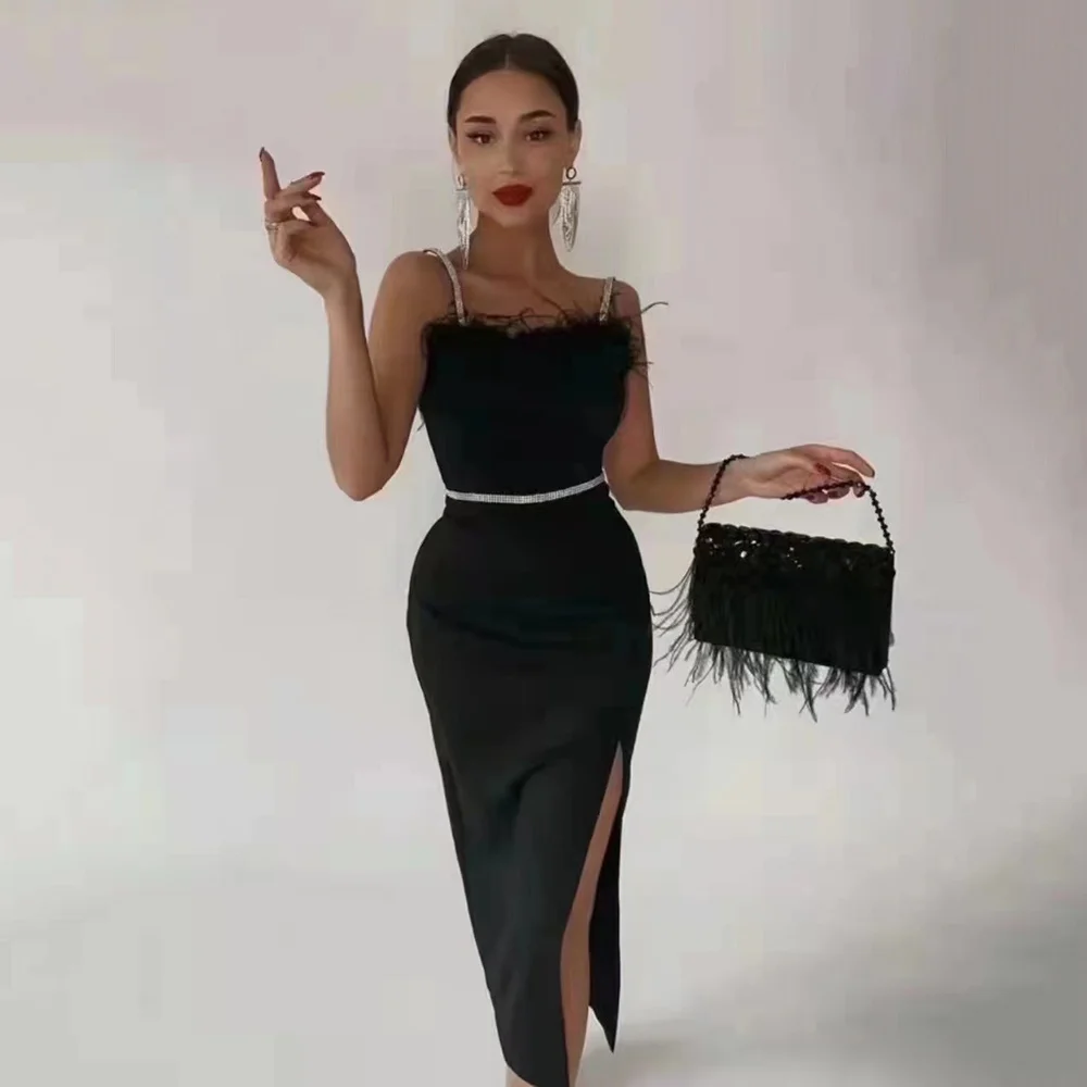 

Dinboa-2022 Sexy Beading Bandages Dress Women Black Feathers Elegant Clothing Celebrity Party Club Bodycon Midi Dresses