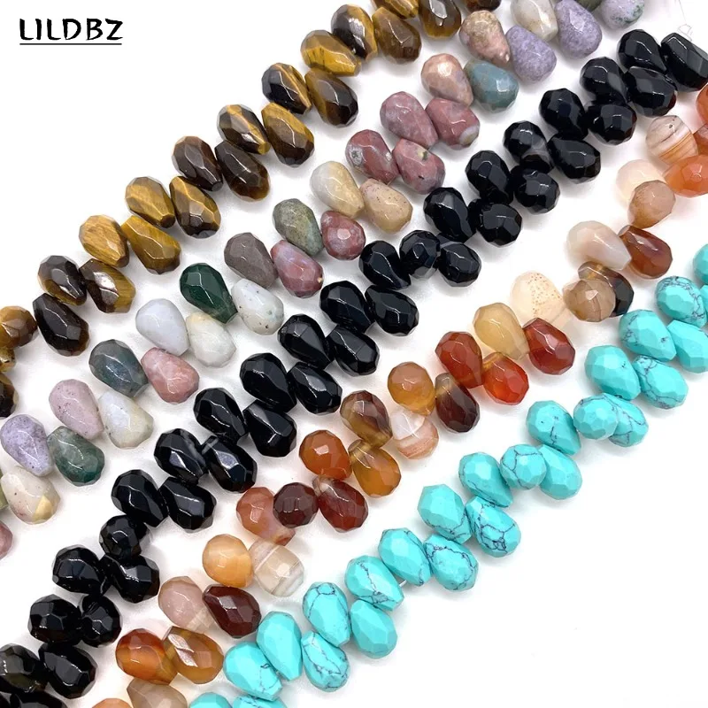 

6x9mm Natural Stone Facet Drop-shaped Aquatic Agate Horizontal Hole Beads Charm Making DIY Necklace Bracelet Earring Accessories