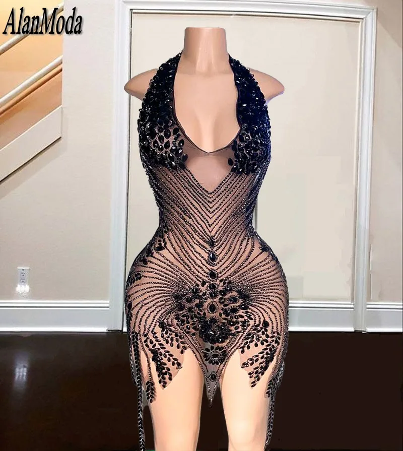 

Sexy See Through Diamond Women Birthday Party Dresses Crystal Black Girl Short Prom Dress 2023 Mini Night Club Cocktail Wear