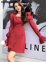 women elegant square collar red dress spring fashion puff sleeves splicing vintage female simple slim party dresses vestidos