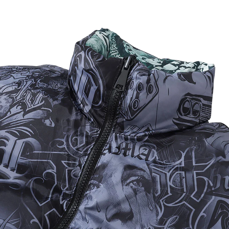 Mens Hip Hop Reversible Jacket Casual Winter Thick Warm Harajuku Punk Gothic Print Bomber Coats Cotton Padded Winter Warm Zipper