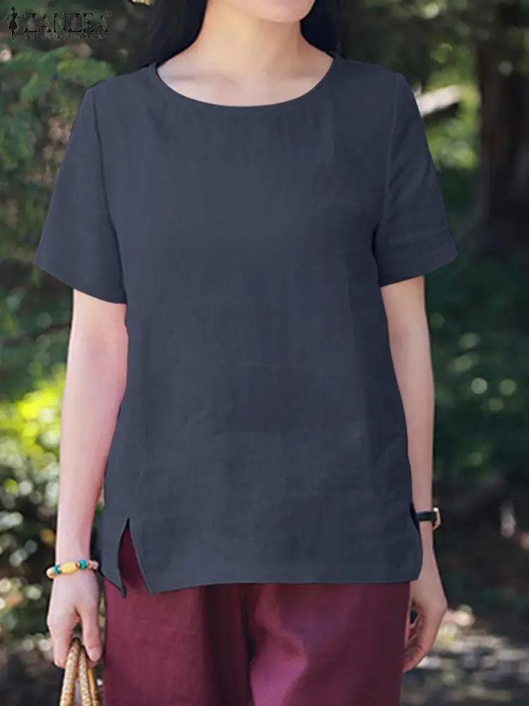 

Женская модная хлопковая рубашка ZANZEA 2023, повседневные однотонные свободные топы, женская блузка с коротким рукавом и круглым вырезом, элегантные праздничные блузки на лето