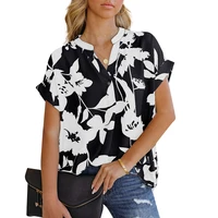 womens shirts 2022 summer new womens loose printed short sleeve shirts v neck button up chiffon shirts