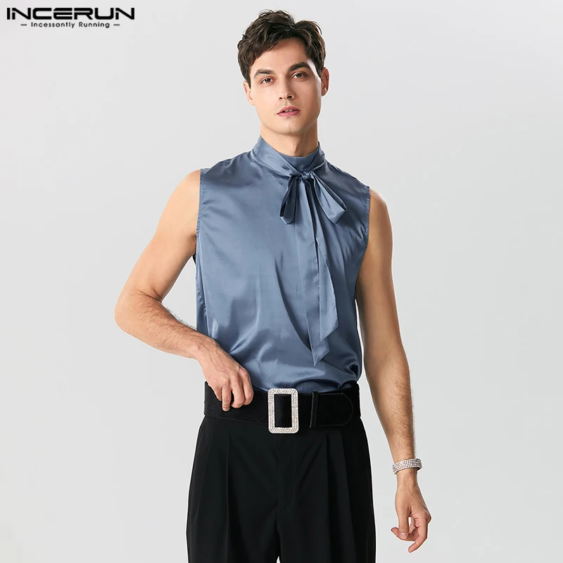 

INCERUN Tops 2023 American Style Handsome Men's Satin Bow Tie Design Tank Tops Stylish Male Solid Color Comfortable Vests S-5XL