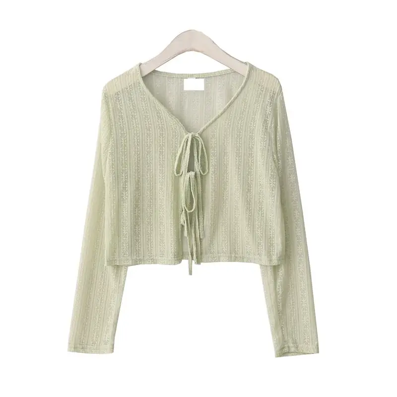 

Blouses Women Solid Tops Sun-proof All-match Daily Sweet Mesh Open Stitch Cozy Crop Quality Soft Lace Design Streetwear