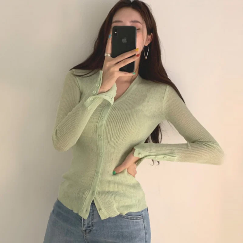 

Long-sleeved Thin Cardigan Women's Spring and Summer New Micro-permeable Buttoned Small Cardigan Loose Single-Breasted Top