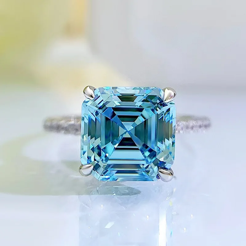 

Asscher Cut 9mm Aquamarine Diamond Ring 100% Real 925 sterling silver Party Wedding band Rings for Women Men Engagement Jewelry