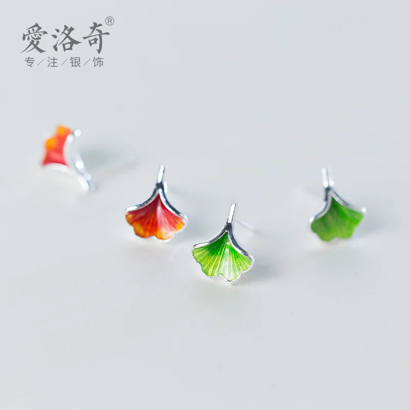 

S925Silver Stud Earrings Women's Korean-Style Fresh Ginkgo Stud Earrings Cute Leaves Artistic Summer Ear Rings
