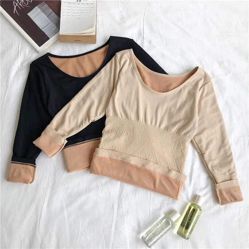 

Warm Bottoming Psg T-shirt Long Sleeve Slim Top Autumn Winter 2021 For Women Velvet Thickened Seamless Thermal Underwear Blouse