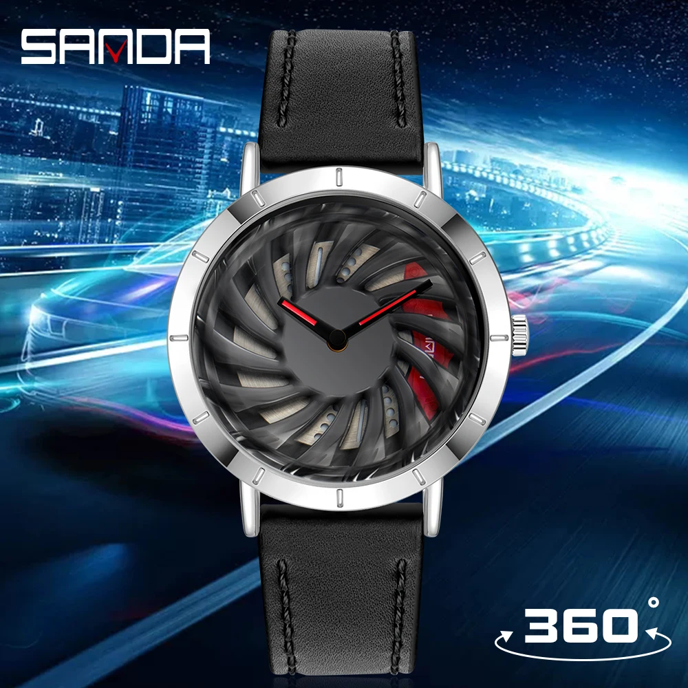 

Hot Sell Fashion Men Quartz WristWatch Sport Car Wheel Rim Hub Men Watch Leather Waterproof Creative 360 Degree Rotating Clock