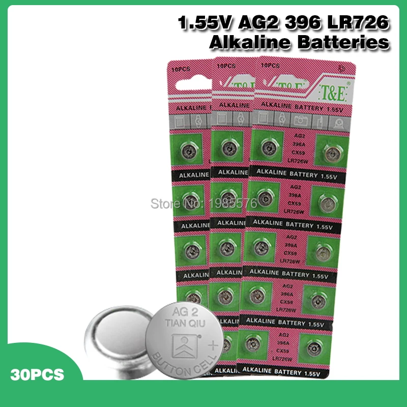 Щелочные аккумуляторы AG2 1,55 в, 30 шт., G2 396A LR726 SR726W GP397 1164SO SR59W SR726, батарейка с кнопками для часов и игрушек