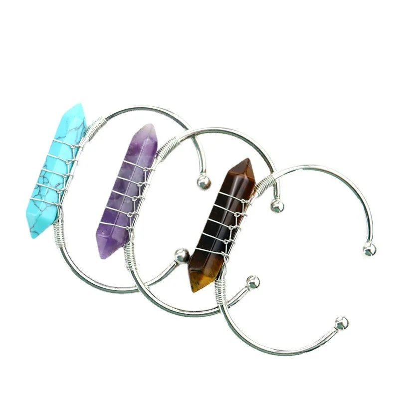 

Reiki Semi-precious Stones Natural Mineral Crystal Two Pointed Hexagonal Prisms Copper Wire Wrapped Cuff Bangle & Bracelet