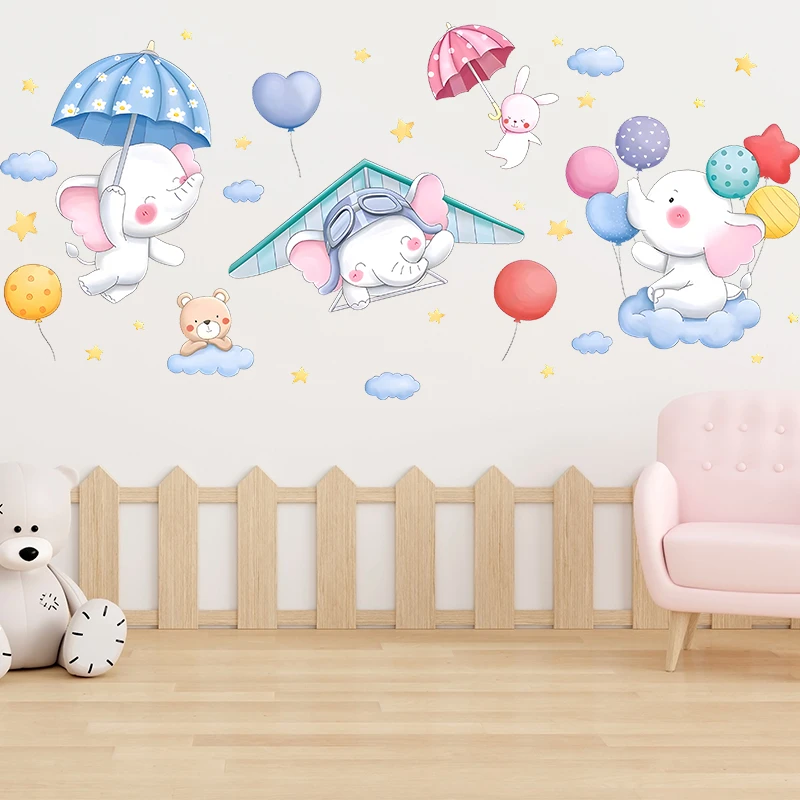 

Cartoon Rabbit Elephant Bear Wandering In Sky Wall Stickers For Kids Bedroom Decoration Animal Mural Art Home Decals Pvc Poster