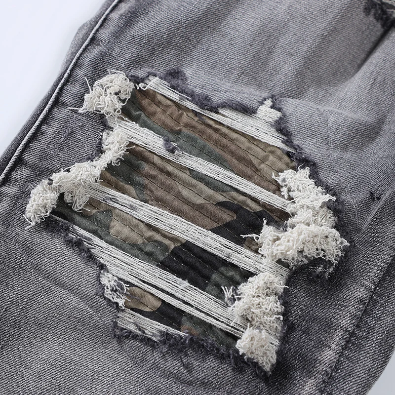 High Street Fashion Men Jeans Retro Gray Elastic Stretch Skinny Ripped Jeans Men Camouflage Patched Designer Hip Hop Brand Pants