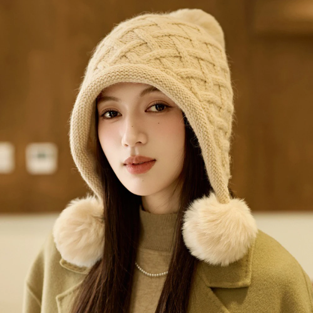 HT4480 Толстая теплая зимняя шапка на флисовой подкладке женская с тремя меховыми