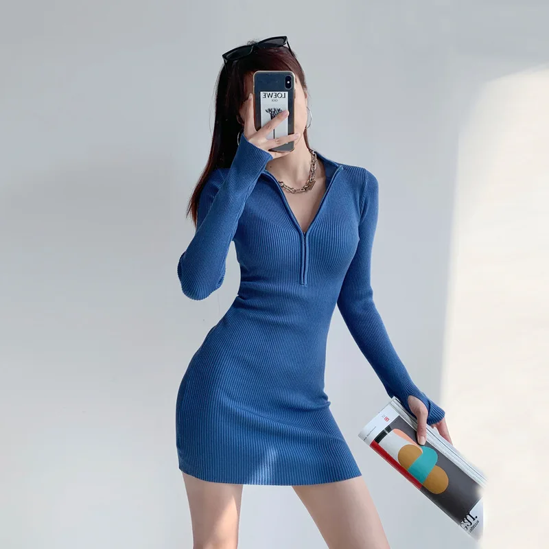 

Slim Autumn New Tight Sexy Zipper Long Sleeve Bottoming Sweater Women Knitted Dress Short Skirt Bodycon 2022 Elegant Temperament