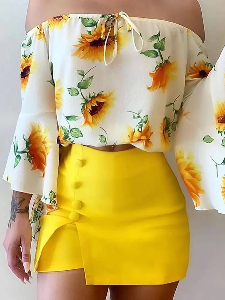 

Shein Romwe 2022 набор из двух Модных Предметов для женщин, топ с рукавами-колокольчиками и принтом подсолнухов, с открытыми плечами и комплект Skort, ...