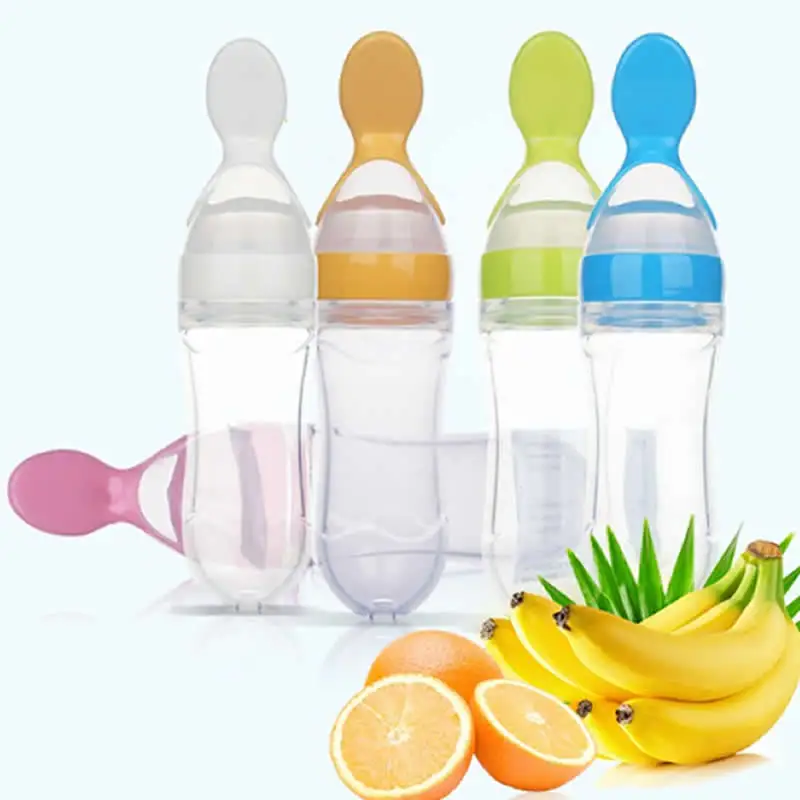 

Baby Feeding Bottle With Spoon 90ml Silicone Newborn Infant Squeeze Spoon Toddler Food Supplement food Cereal Bottle Milk Feeder