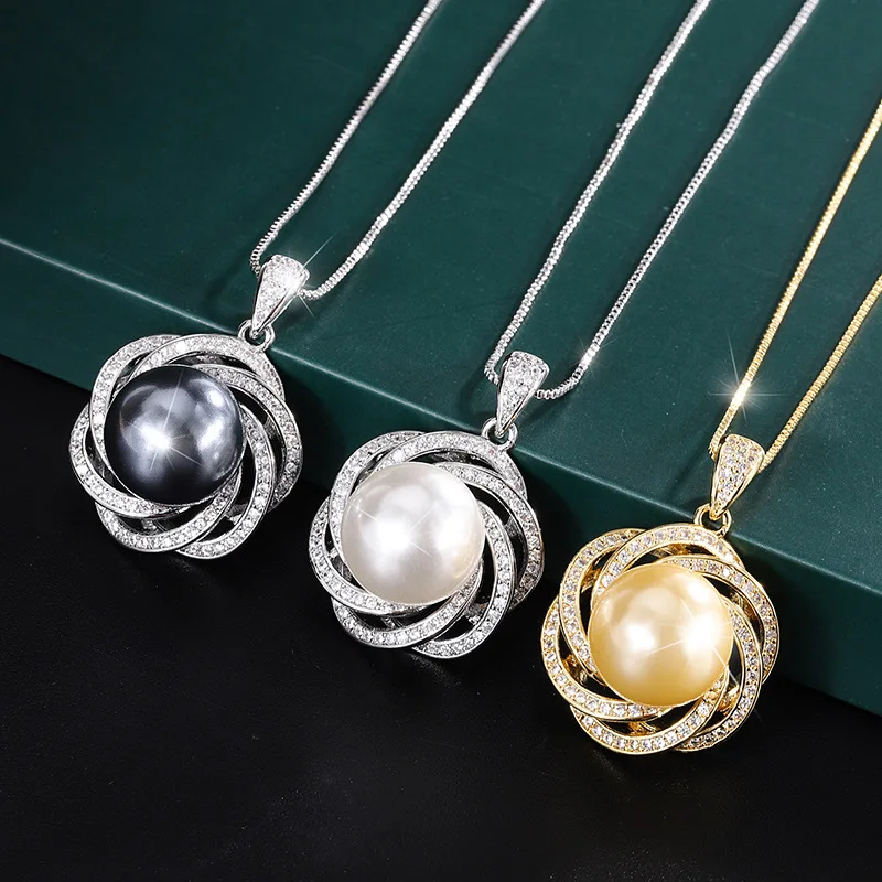 

Women's New Fashion 925 Silver Shine Dazzling Zircon Freshwater Pearl Pendant Necklace for Women Noble Statement Banquet Jewelry