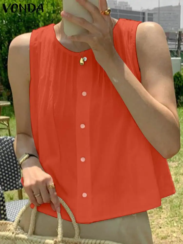 

VONDA Женские повседневные рубашки без рукавов 2023 летняя Элегантная блузка плиссированная Туника Топы свободные модные однотонные блузы женские