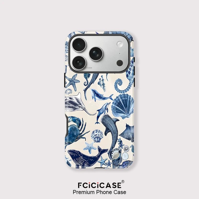 Фото Матовый чехол Fcicicase для iPhone 17, 16, 15 Pro Max, 14 Plus, 12, 13, 11 Air, совместимый с MagSafe, 2-в-1, магнитный, с изображением акулы и морских животных №1