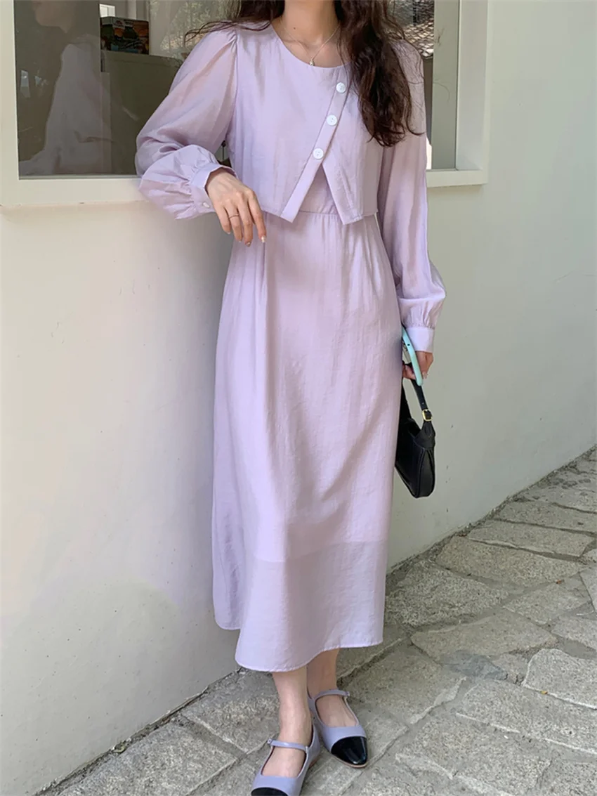 

Элегантное фиолетовое длинное платье, женское приталенное весеннее офисное уличное платье, милое ТРАПЕЦИЕВИДНОЕ ПЛАТЬЕ из двух частей, модные платья в Корейском стиле