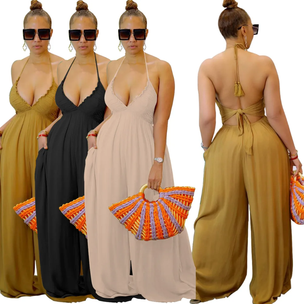 

Woman Halter Sleeveless Wide Leg Jumpsuit Solid Color V Neck Backless Bandage Pocket Loose Bodysuit S-3XL 3Color