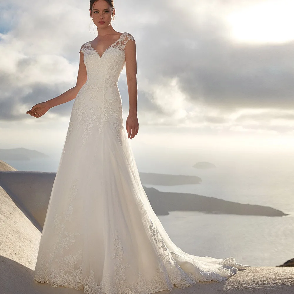 

Свадебное платье с V-образным вырезом для невесты 2022, рукава-крылышки, фатиновое свадебное платье на молнии, Кружевная аппликация, а-силуэт в...