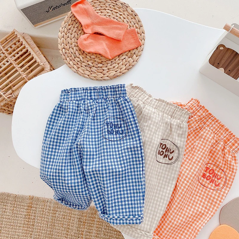 Plaid Pants Letter Print Summer New Kids Clothes Boys Clothing Korean Girls Child Pants Pantalones Informales Casuales Toddler