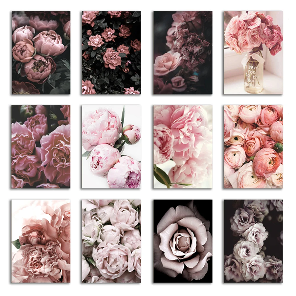 

Плакаты с пионами и цветами, настенная Картина на холсте с темно-розовыми цветами, Современное украшение для гостиной, комнаты для девочек, дома