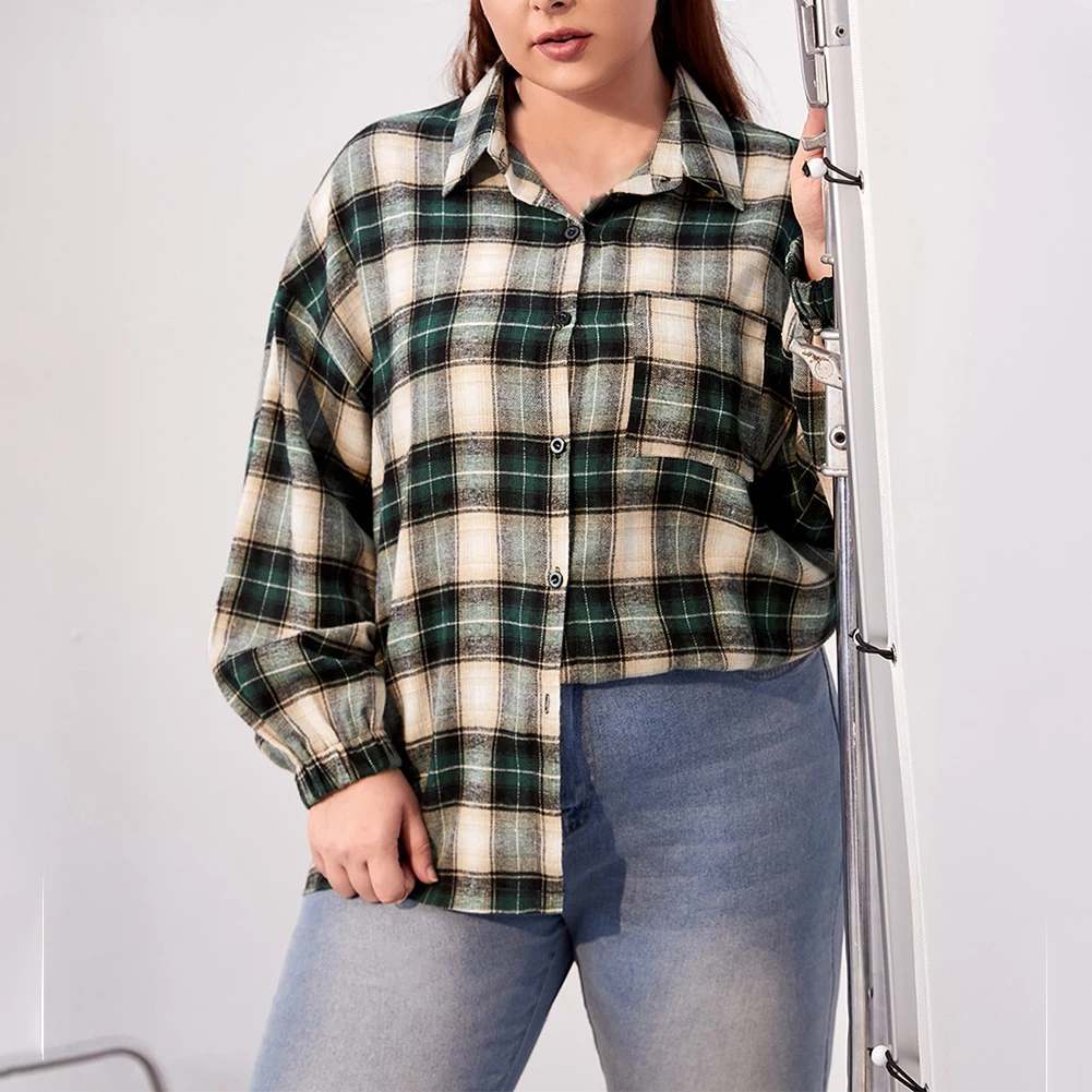 Plus Size Women Lapel Collar Shirt Long Sleeves Loose Top Casual Blouse Casual Home Loose Plaid Shirt Tops L-4XL