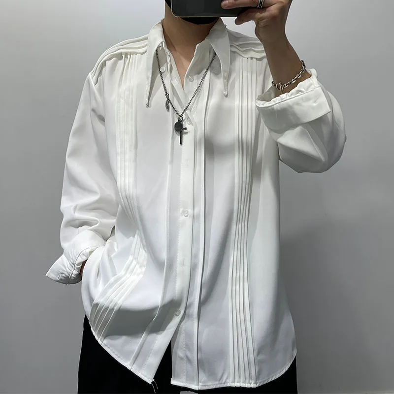 Men's Loose Pleated Personalized Shirt Spring New Fashion Splicing Korean Street Fashion Men's Ruffian Handsome Shirt