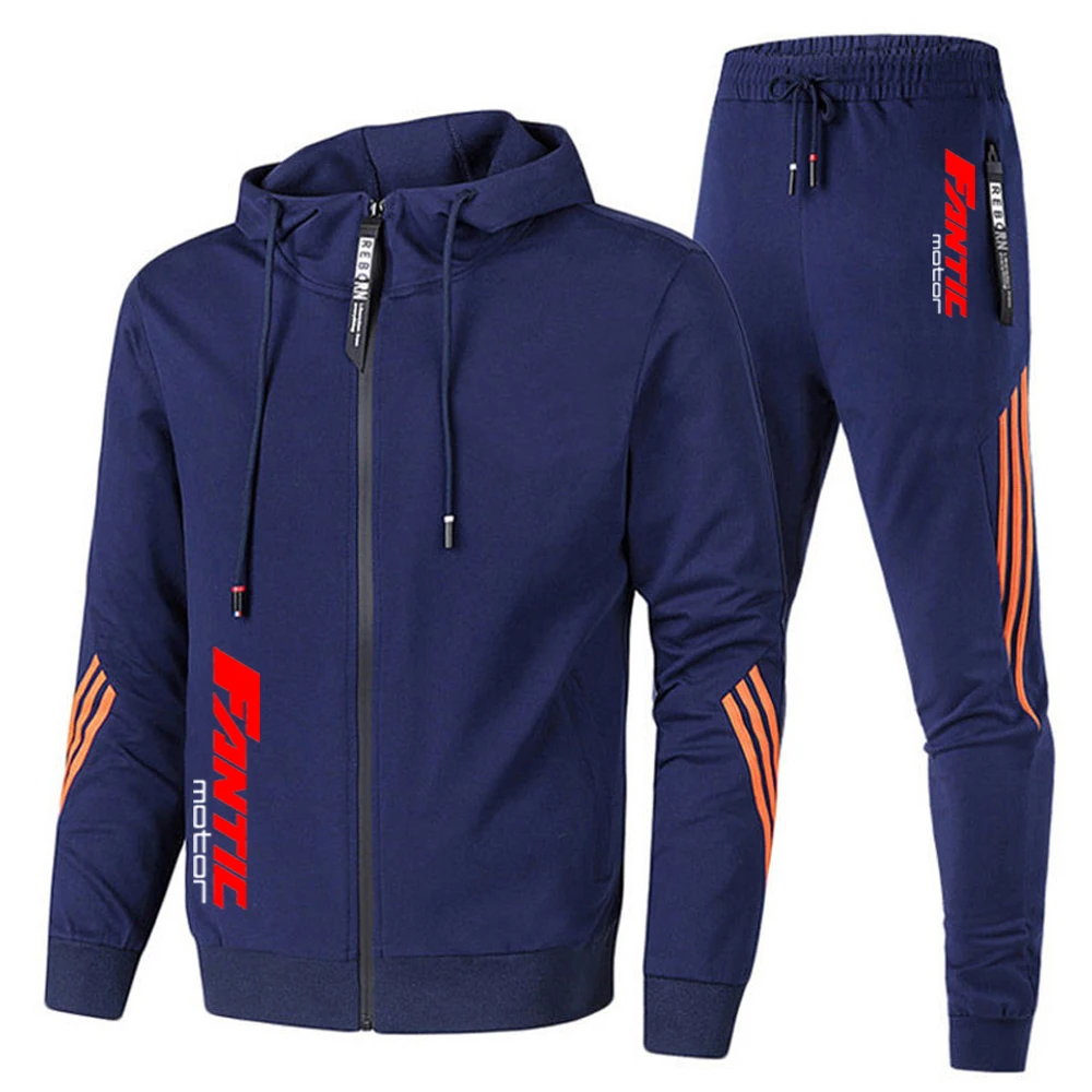 FOR Fantic Motor Men's Casual Sports Suit Zipper Hooded Jacket + Pants Tracksuit Sweatshirt Casual Male Set