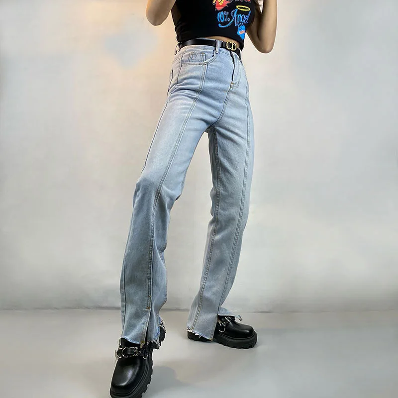 

90s Vintage Light Blue Jeans Korean Fashion Harajuku Split Hem Trousers Y2K Aesthetic High Waist Slim Fit Denim Pants Clothes