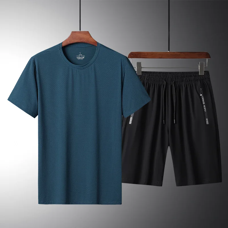 Casual suit men's new summer ice silk short sleeve dad crewneck two-piece set loose half sleeve T-shirt sports cover