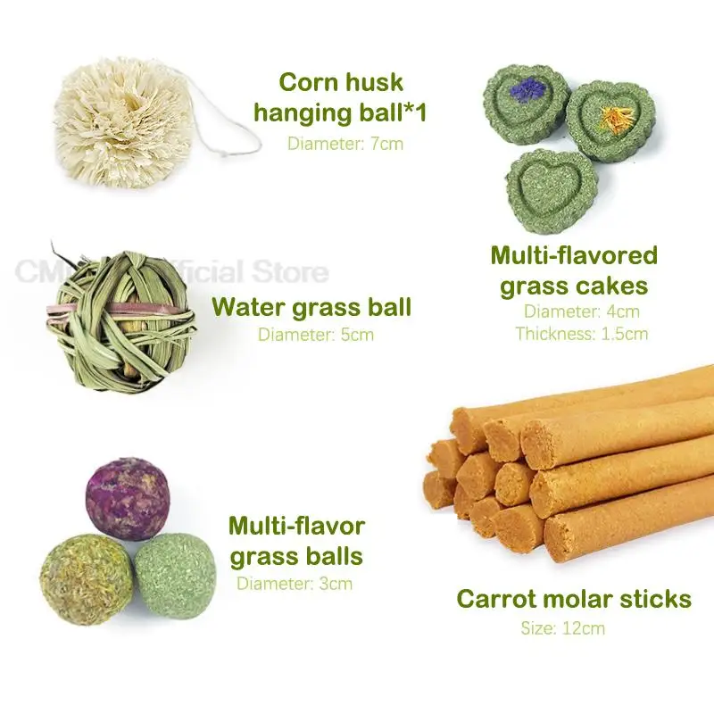 

Natural Pet Teething Set of 13 Chew Toys Multi-Flavored Grass Cakes Ball for Hamster Rabbit Guinea Grinding Teeth Pets Supplies
